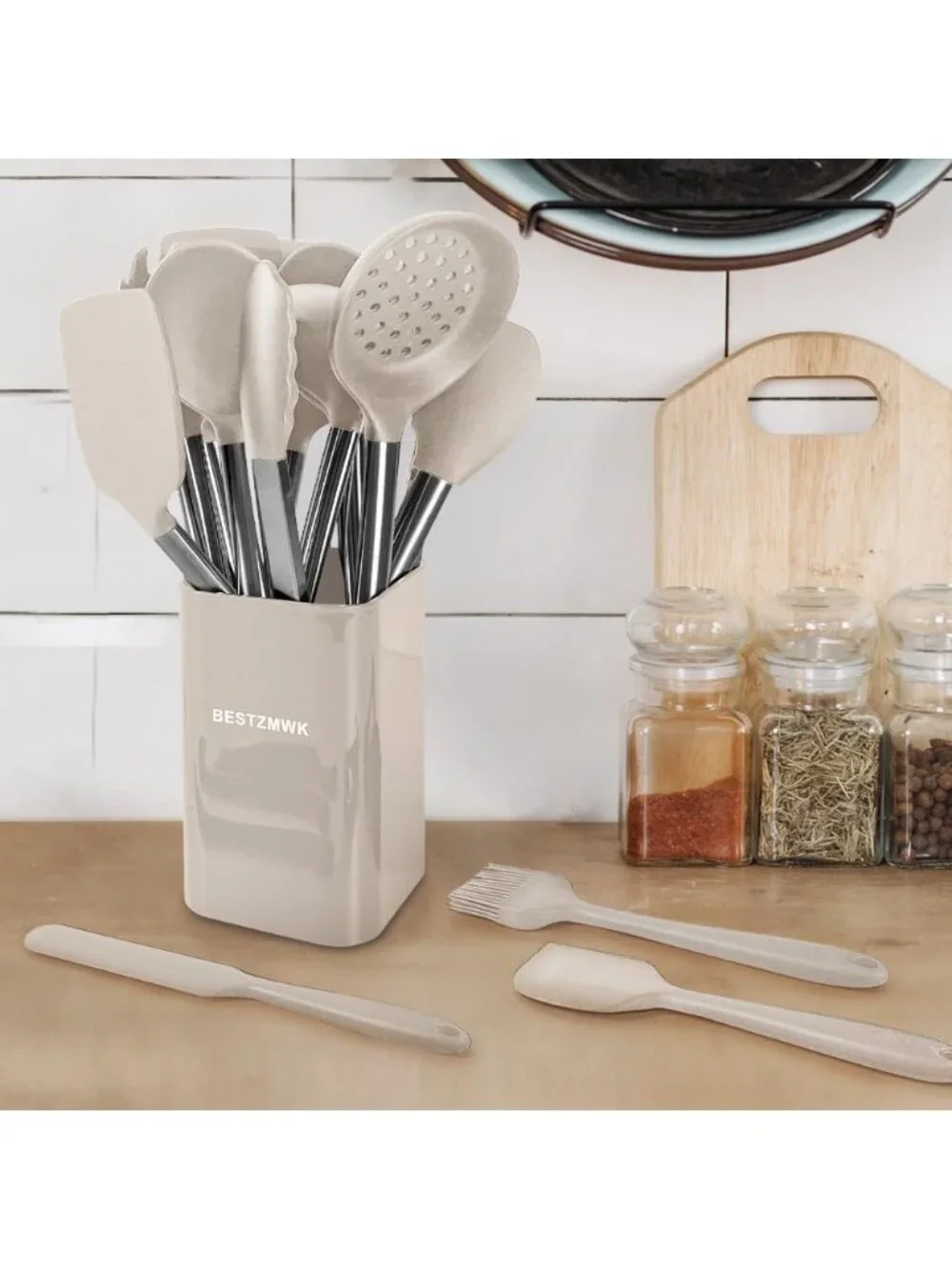 Kitchen Utensil Set-Silicone Cooking 33 Nonstick Kitchen Gadgets & Spoons Khaki